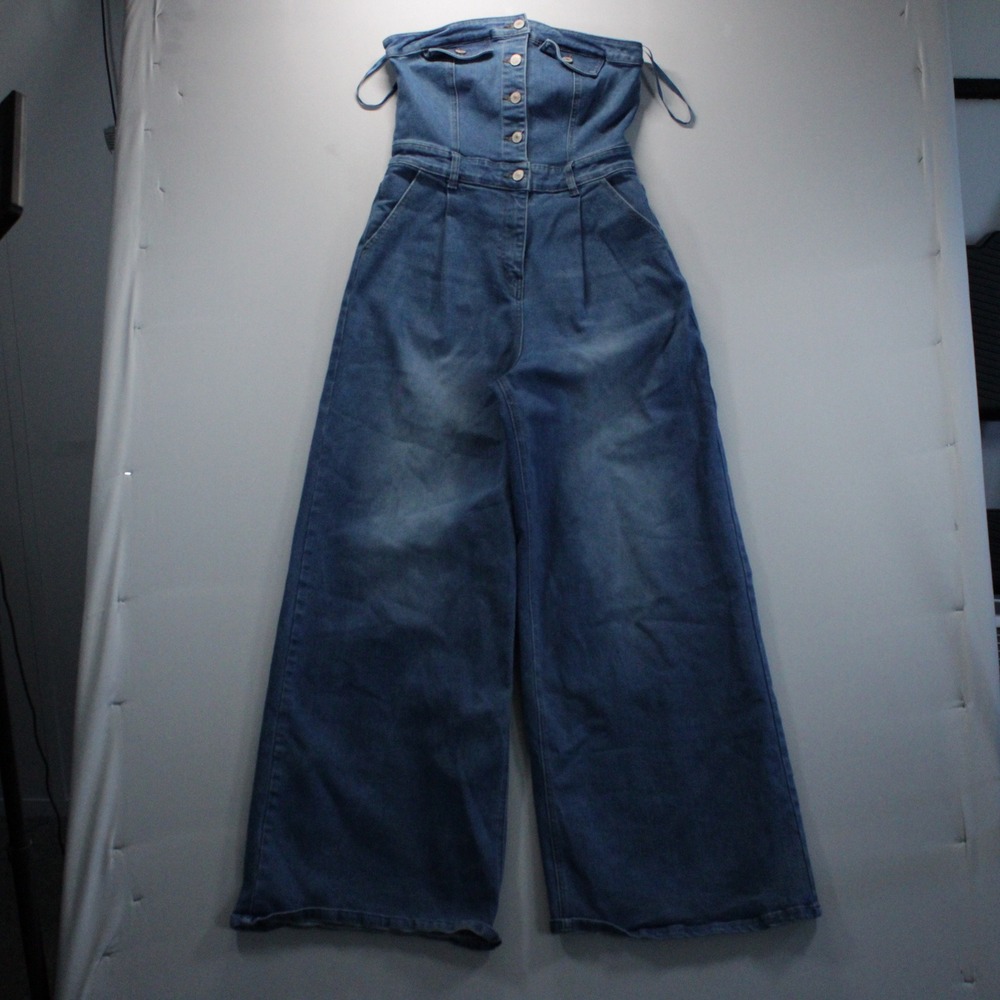 VICI Y2K Medium Wash Denim Corset Jumpsuit Wide Leg Super Baggy Blue Size M